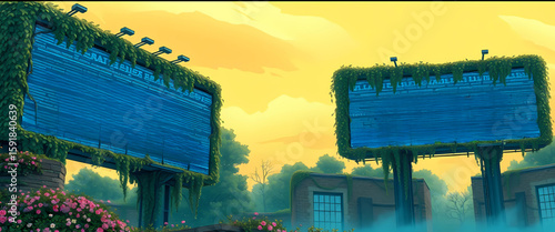 Comic-style 8K artwork showing giant overgrown billboards with unreadable blue glitch ads, now wrapped in ivy and hanging over flower-covered ruins.