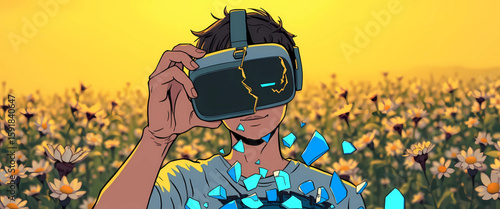8K stylized comic of a person holding a cracked VR headset, its pieces scattered among blooming plants. Yellow light shines from the horizon above, while fading blue fragments dissolve.
