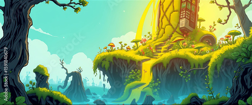 
Stylized 8K comic illustration of a moss-covered smartphone tower, sprouting fungi and plants from every crack. Sunlight yellow pours down from above, while the bottom sinks into a ghostly blue tech.