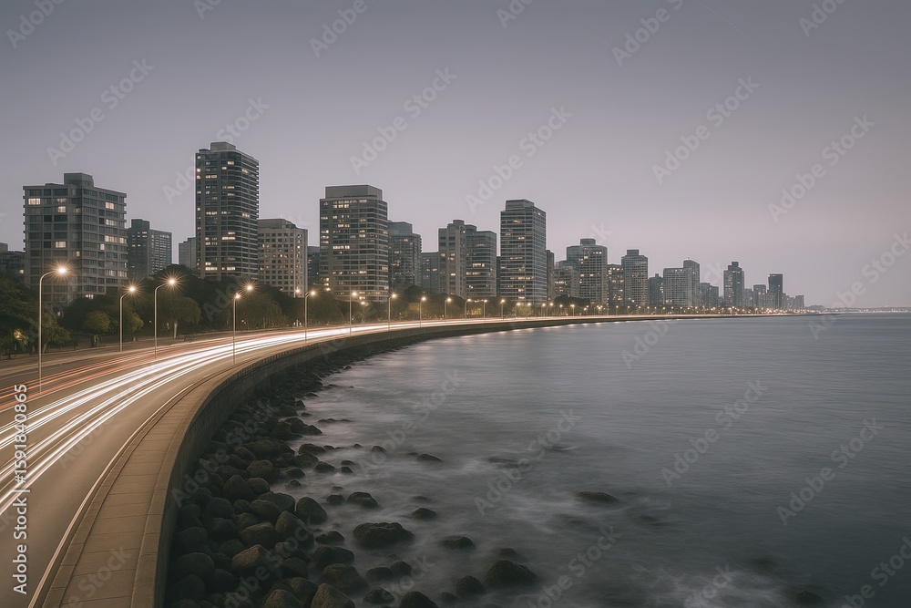 Obraz premium Scenic city skyline at dusk along a waterfront with a long curved road and illuminated streetlights.