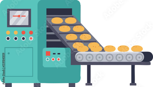 Bread production line conveyor and industrial baking machine vector illustration