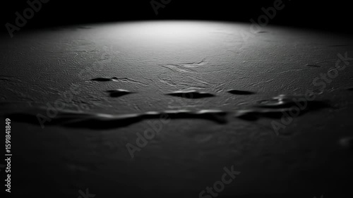 Surface Texture: A dark textured plane gleams subtly with moisture droplets under low-key light, highlighting subtle relief.
