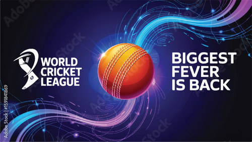 Orange cricket ball with blue and purple light streaks and text