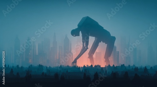 Giant robotic figure over a glowing city, a futuristic landscape with an imposing machine, a scene of science fiction