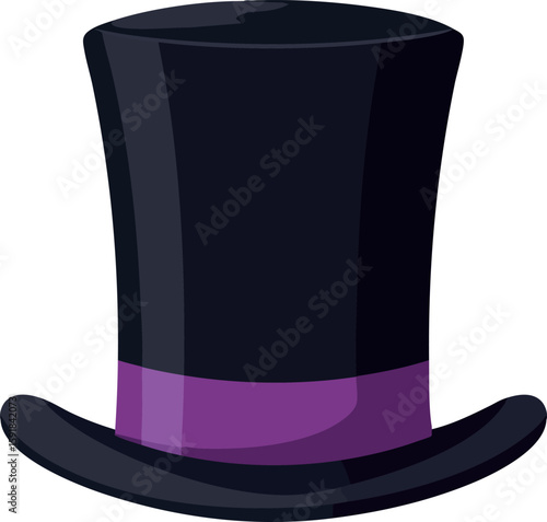 Black top hat with purple ribbon stylish vintage accessory vector illustration