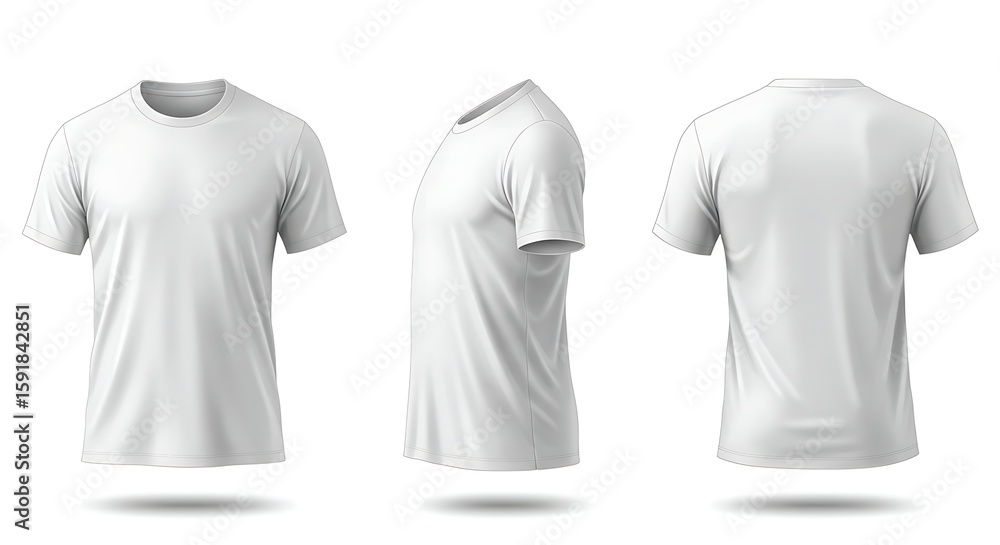Naklejka premium Three views of a blank white tshirt front, side, and back, isolated on white