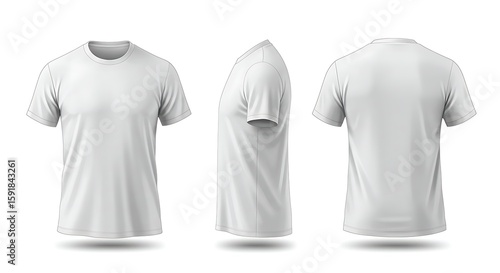 Three views of a blank white tshirt front, side, and back, isolated on white