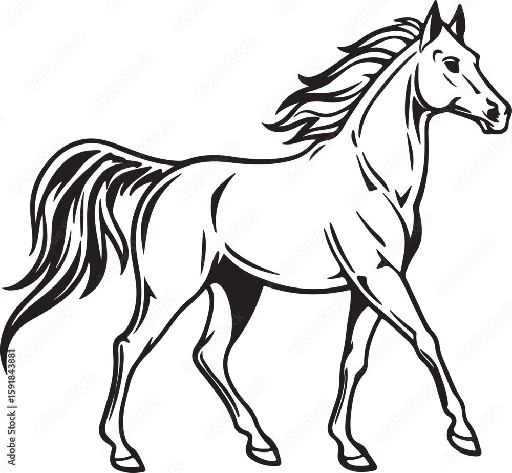 Obraz premium A black and white illustration of a horse set against a stark white backdrop, emphasizing its silhouette