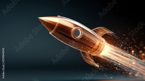 A golden rocket launching into space, rendered with intricate lines and glowing trails of light.