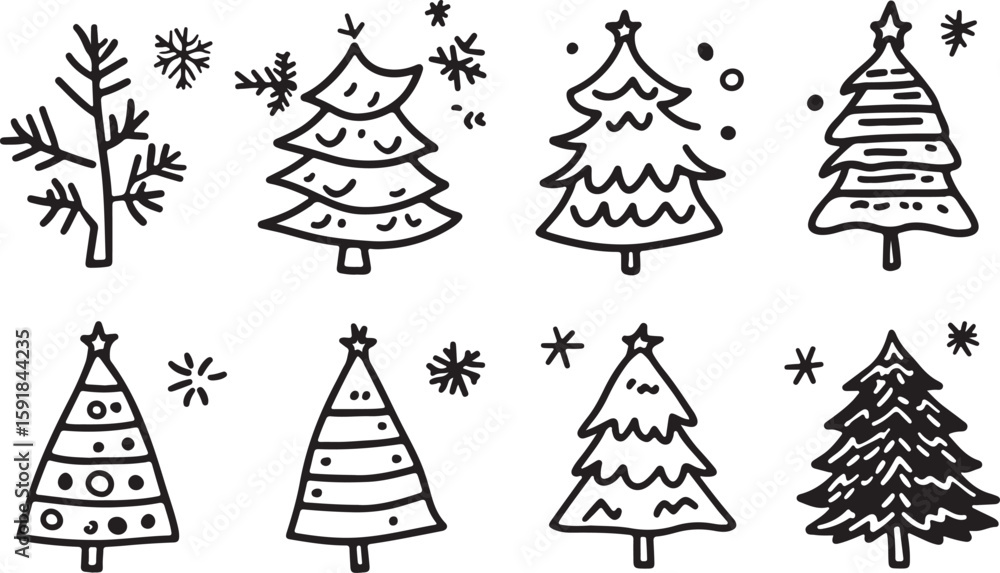 Obraz premium Seamless Pattern of Doodle Christmas Trees and Snowflakes in Black and White