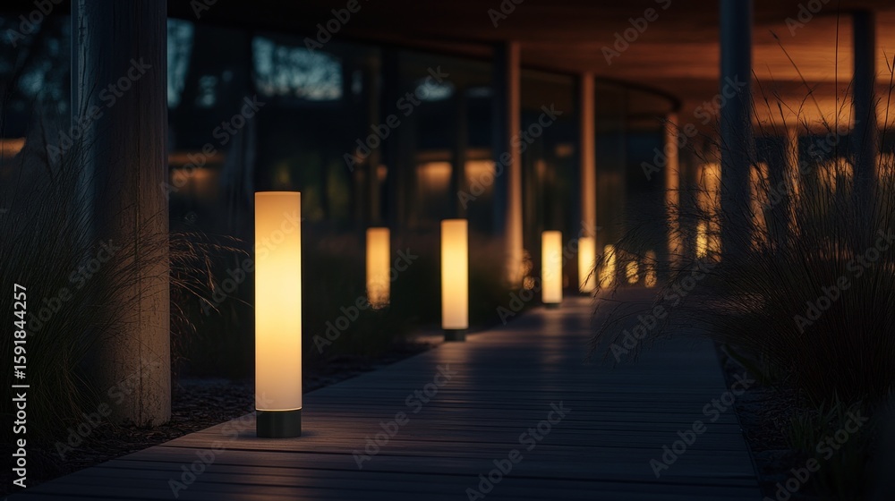 Fototapeta premium Path lit by cylindrical lamps at night