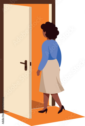 Woman walking through open door entering new space vector illustration