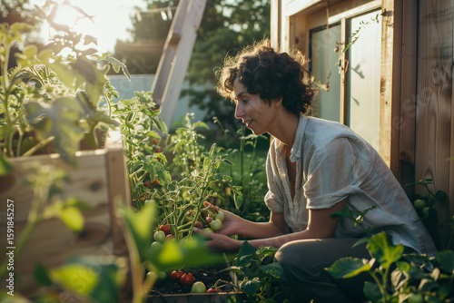 Woman Harvesting Tomatoes in a Off-Grid Backyard Garden at Sunset Near a Solar-Powered Tiny House