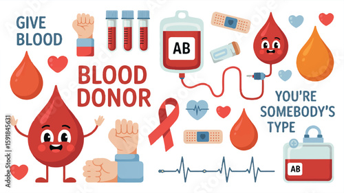 Cartoon blood drops hearts and medical items give donor