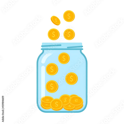 Golden Savings: A collection of gold coins cascade into a transparent glass jar, symbolizing the accumulation of wealth and financial security.