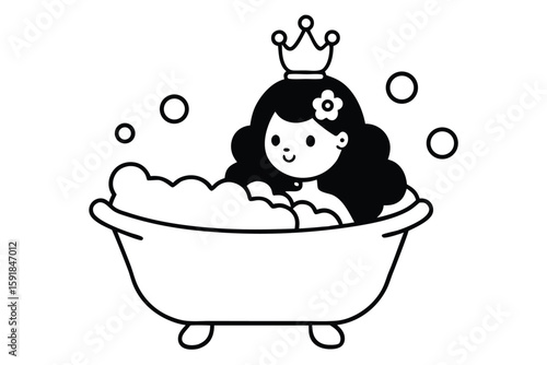 princess taking bath line art vector illustration