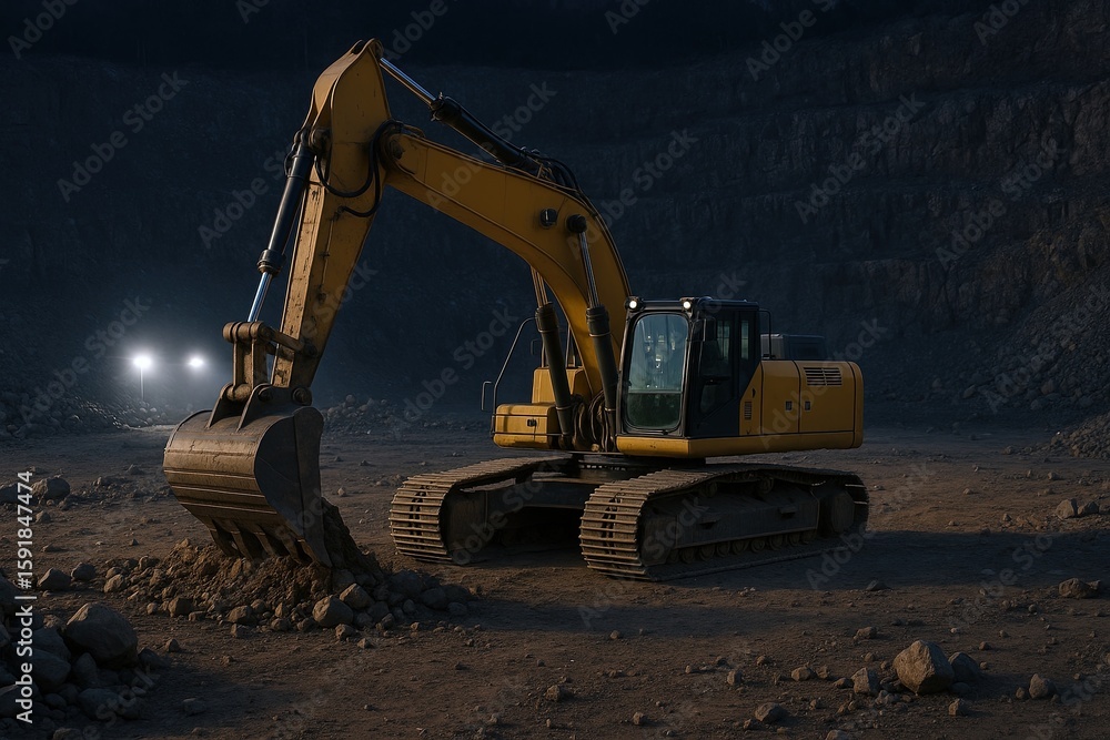 Obraz premium Large yellow excavator construction equipment working on excavation site at night.