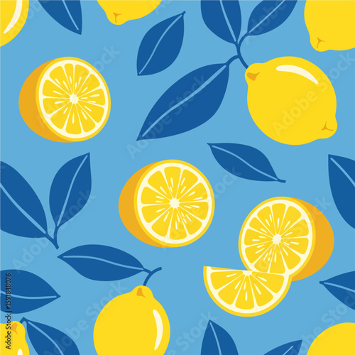 Vibrant lemon pattern showcases juicy yellow citrus fruit and blue foliage on a delightful blue background, great for summery designs.