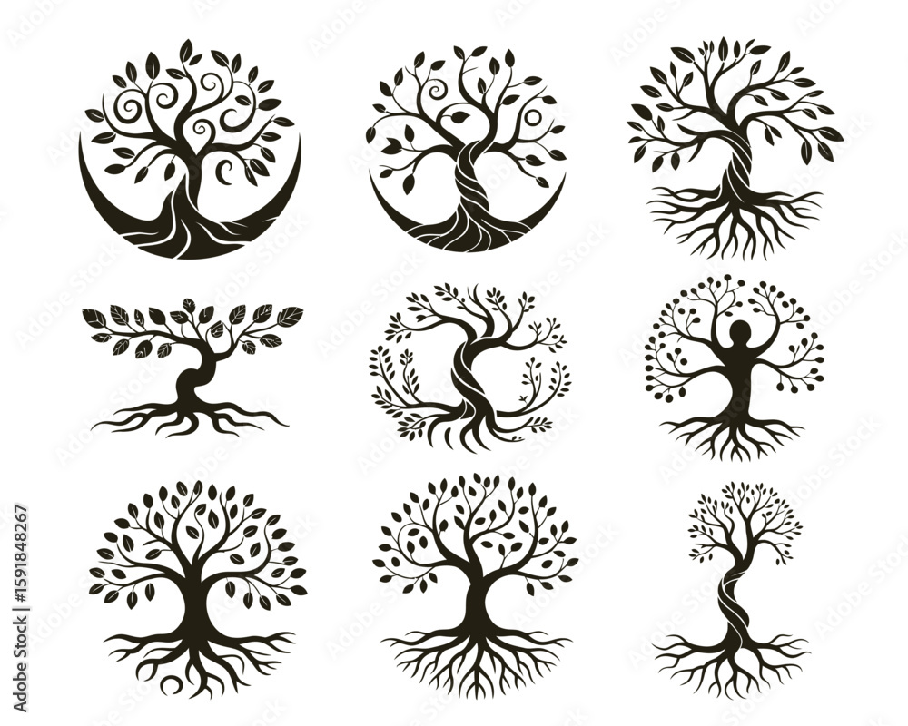 Obraz premium Collection of ornate tree silhouettes, displaying foliage and root systems on a white background