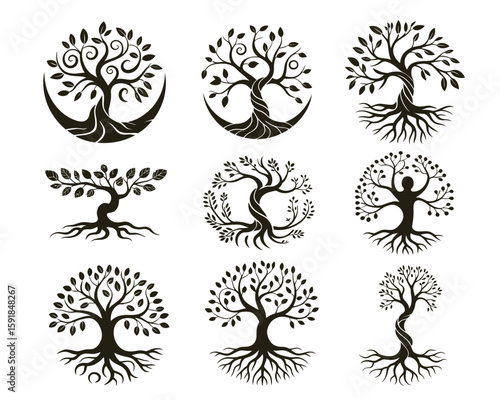 Collection of ornate tree silhouettes, displaying foliage and root systems on a white background