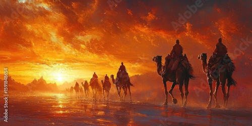 Caravan of people riding camels through vast sandy desert with distant dunes and rocky cliffs under pale sky. Generative by AI.