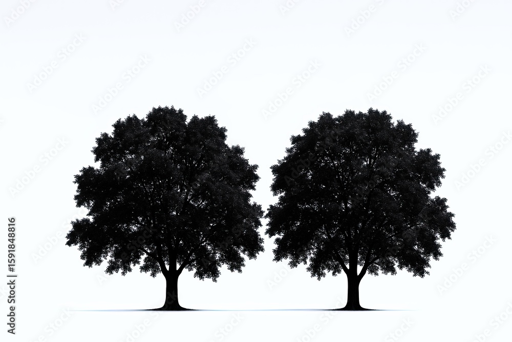 Fototapeta premium Two Large Tall Trees with Dense Canopies and Thick Trunks in Natural Environment.
