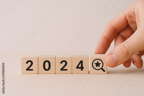 Hand with an elegant ring on finger touching wooden blocks displaying year 2024 and a star symbol.