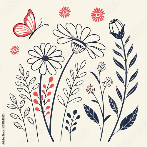 Doodle ink floral sketch set, vector flower brushstroke collection, hand drawn organic icon kit. Abstract naive botanical outline modern spring decoration design element. Doodle floral texture clipart