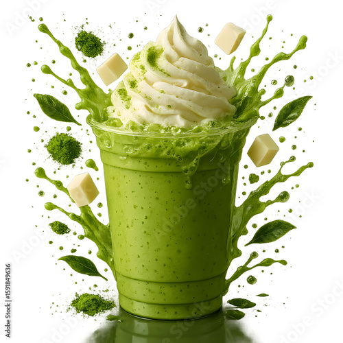 Green matcha beverage with whipped cream and splashes on white background  