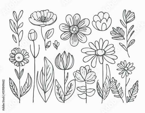 Doodle ink floral sketch set, vector flower brushstroke collection, hand drawn organic icon kit. Abstract naive botanical outline modern spring decoration design element. Doodle floral texture clipart