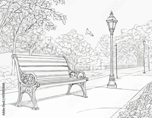 continuous single line drawing of bench and lantern in public park, line art vector illustration