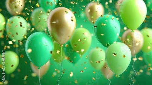 Colorful green and gold balloons float amidst confetti for a festive celebration