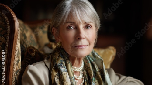 Elegant elderly woman in an ornate chair, showcasing classic style and sophistication in a cozy, refined setting
