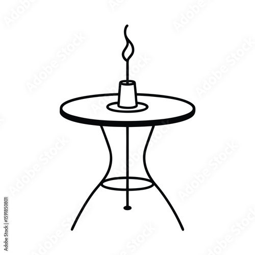 Line art illustration of a patio table with a citronella candle burning