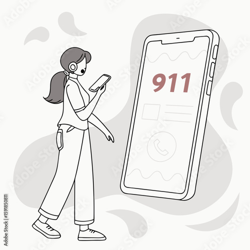 Woman holding phone next to large screen displaying 911 emergency call interface. Minimalist style with abstract shapes in background. Concept of urgency
