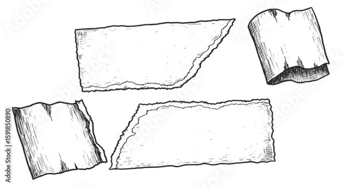 sketch set of Torn pieces of paper for design projects – hand-drawn black and white vector illustration png