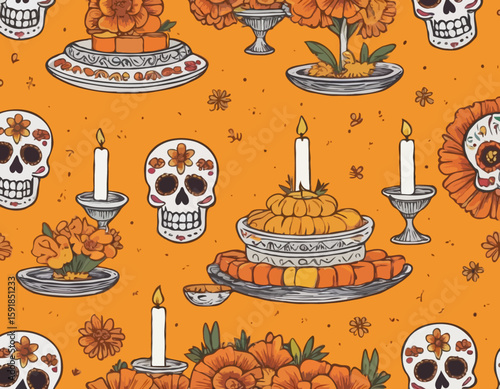Cartoon day of the dead dia de los muertos mexican ofrenda altar featuring marigold flowers, food, candles, sugar skulls and photos of ancestors symbolizing remembrance, culture, and ancestral respect