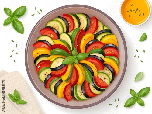 Delicious Ratatouille Dish with Fresh Vegetables and Basil Leaves