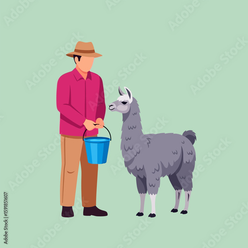 Farmer with Llama Cartoon Man Holding Bucket Near Gray Llama