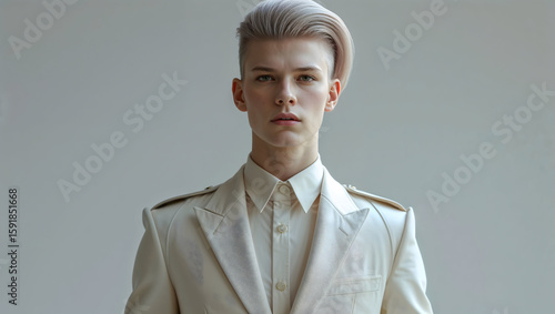 A gender-fluid person in structured gender-neutral outfit, strong jawline and clean hairstyle, standing with proud posture and softened focus.

