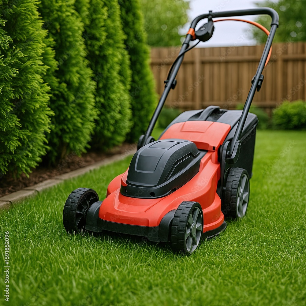 Fototapeta premium Red and black electric lawn mower on green grass with wooden fence and hedge background.