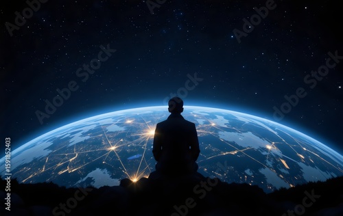 Fototapeta Naklejka Na Ścianę i Meble -  Man Silhouette Watching Earth Globe with City Lights in Dark Space