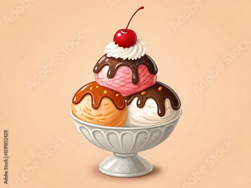 Cartoon Ice Cream Sundae with Cherry and Chocolate Sauce