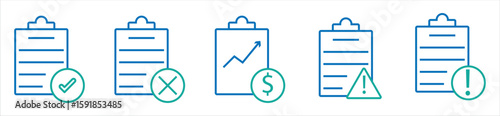 Business Report and Document Icons — Checklist, Finance, Risk, and Alert Line Symbols