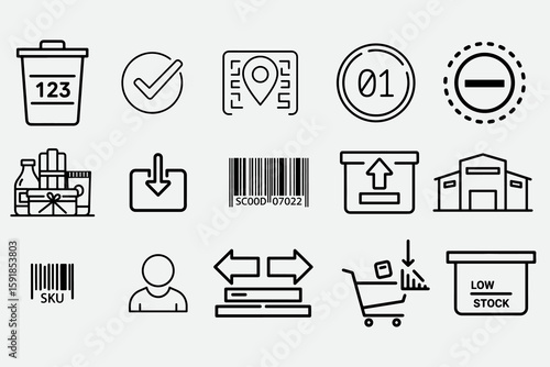 Inventory or Product Management icon set, sku code, product variant, stock level, low inventory, restock, fulfilled, warehouse, location code, bin number, batch number, inventory sync, product bundle,