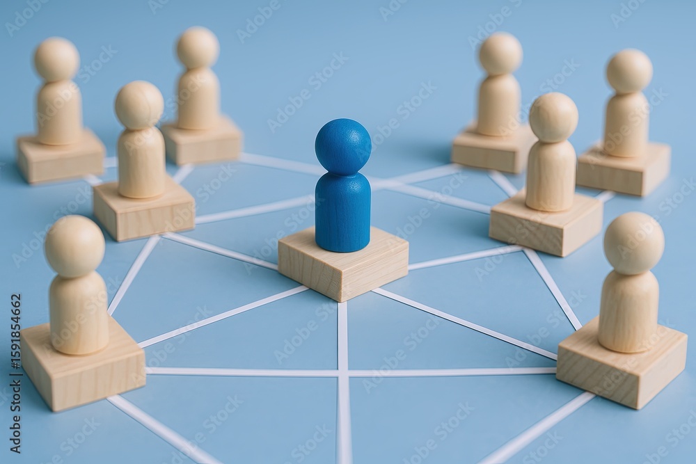 Fototapeta premium Wooden figurines connected by lines representing teamwork collaboration and networking.