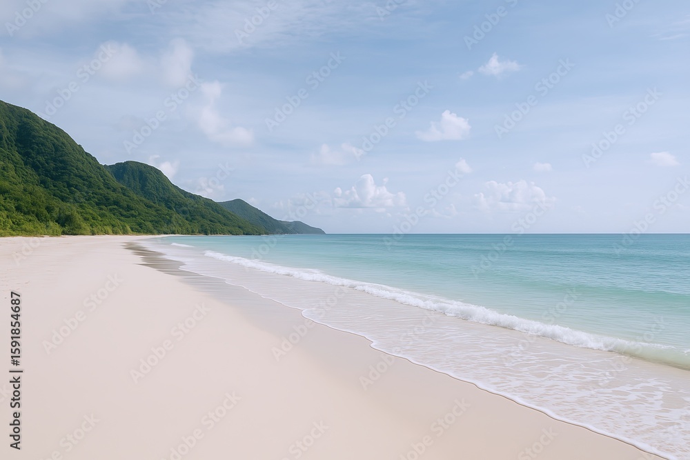 Serene Long Sandy Beach with Clear Ocean Waters and Green Mountain Background. Serene Long Sandy Beach with Clear Ocean Waters and Green Mountain Background.
