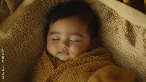 Pacific-Islander baby peacefully sleeping in a wooden crib, wrapped in a soft muslin blanket inside a cozy nursery, capturing tenderness, wellness, and the quiet moments of early babyhood at home.