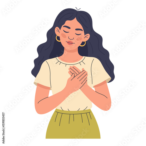 Woman pressing her palms to her chest. Flat hand drawn vector female character expressing gratitude or love isolated on white background. Self care and emotional well being concept