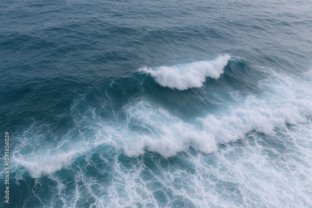 Fototapeta premium Aerial view of ocean waves crashing with foamy white surf in deep blue sea nature scene.